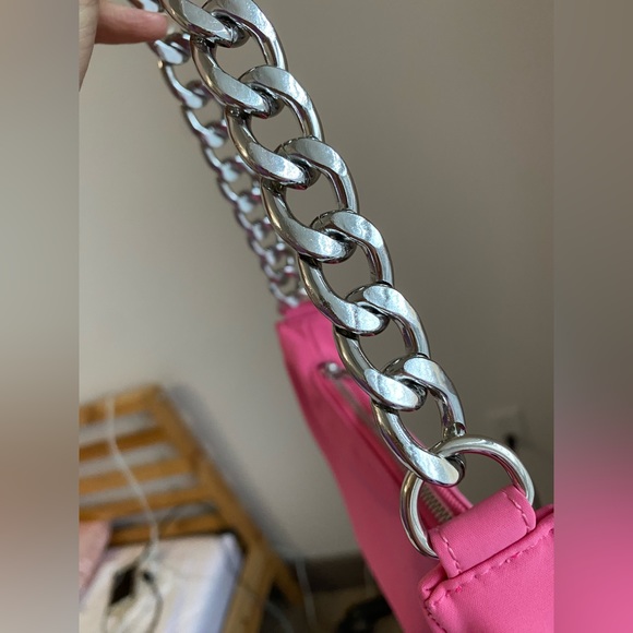 Nylon Curved 90s Shoulder Bag Purse Handbag with Silver Chain Strap Pink - Picture 4 of 12